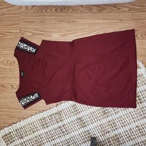 Allen B Schwartz Burgundy Mini Dress with Gemstone Jewel Shoulder, cap sleeves